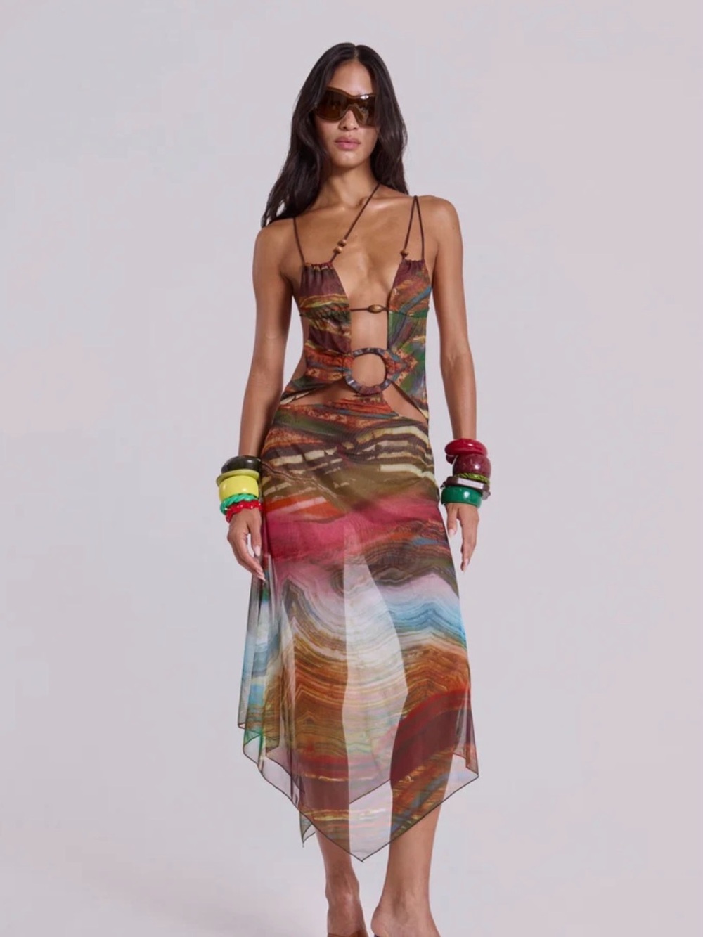 Jaded London Wooden Trim Mesh Dress in Multi Size XS